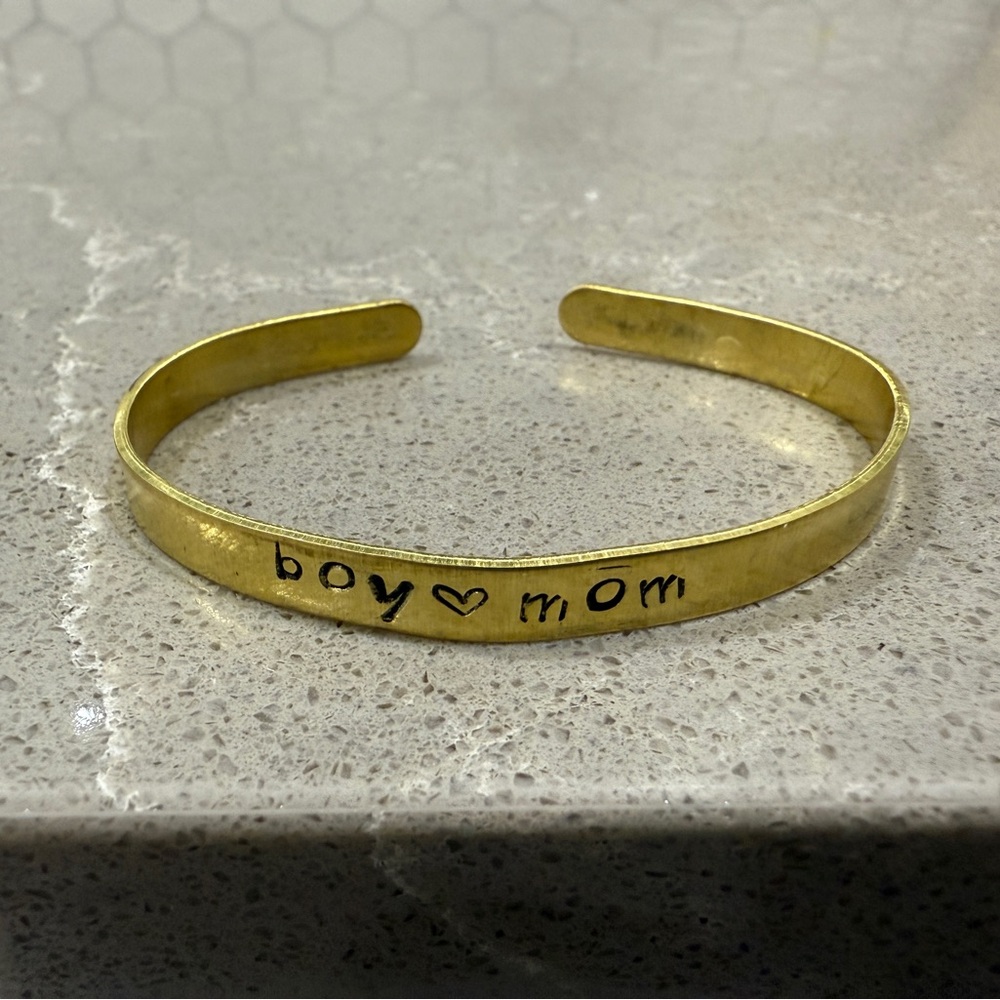 Custom hand stamped Gold 'Boy Mom' Bracelet